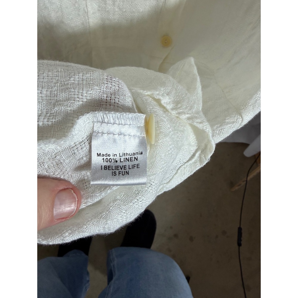 FLAX White 100% Linen Button Down Shirt Long Sleeve Textured M peplum  lagenlook - Picture 8 of 10